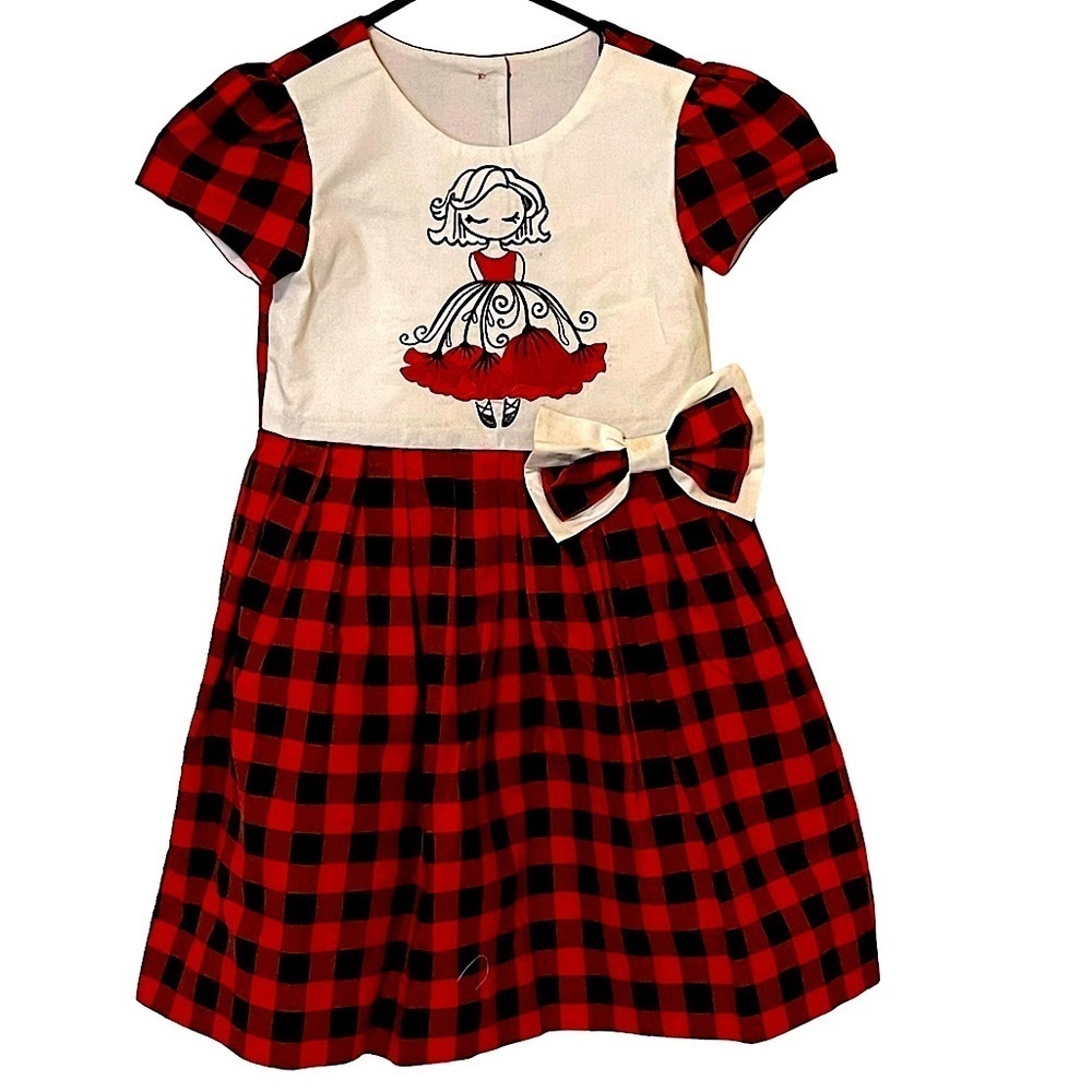 Handmade Red & Black Check Dress with Appliqué on White Yoke Size 6